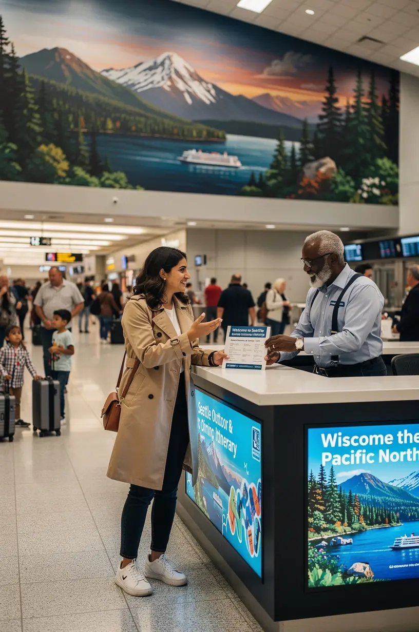 Интерьер аэропорта с установленным киоском офлайн-консьержа, предоставляющим быстрые рекомендации по маршрутам.
