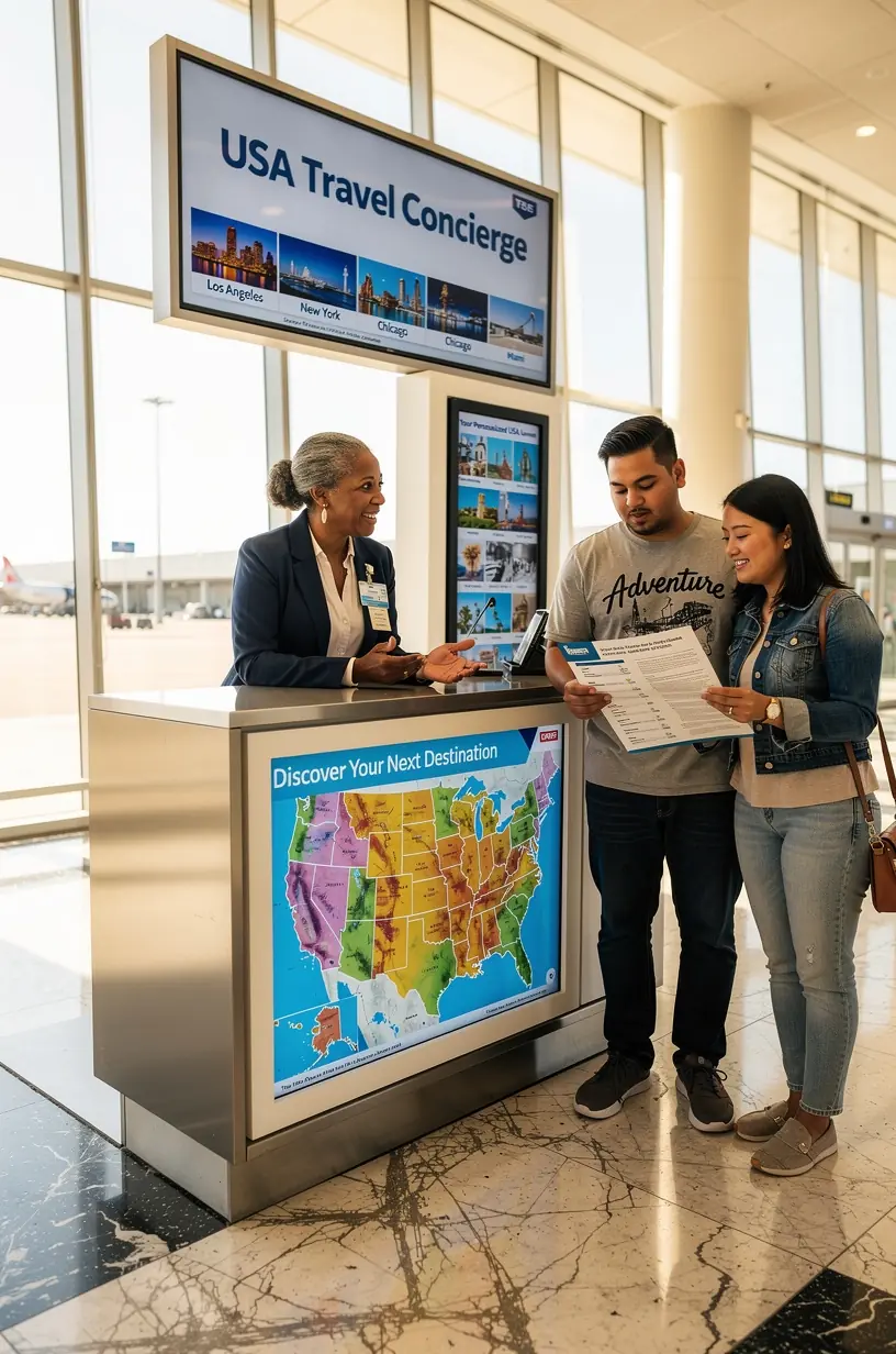 Сотрудник аэропорта объясняет туристу, как использовать киоск для получения персонального маршрута по США.